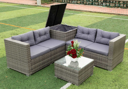 4 Piece Patio Sectional Wicker Rattan Outdoor Furniture Sofa Set with Storage Box Grey - Free Shipping - Aurelia Clothing