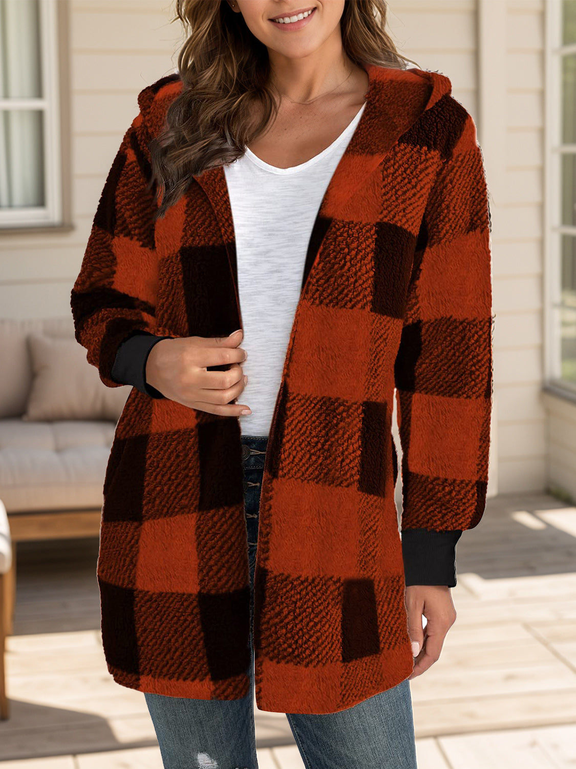 Plaid Long Sleeve Hooded Coat - Aurelia Clothing