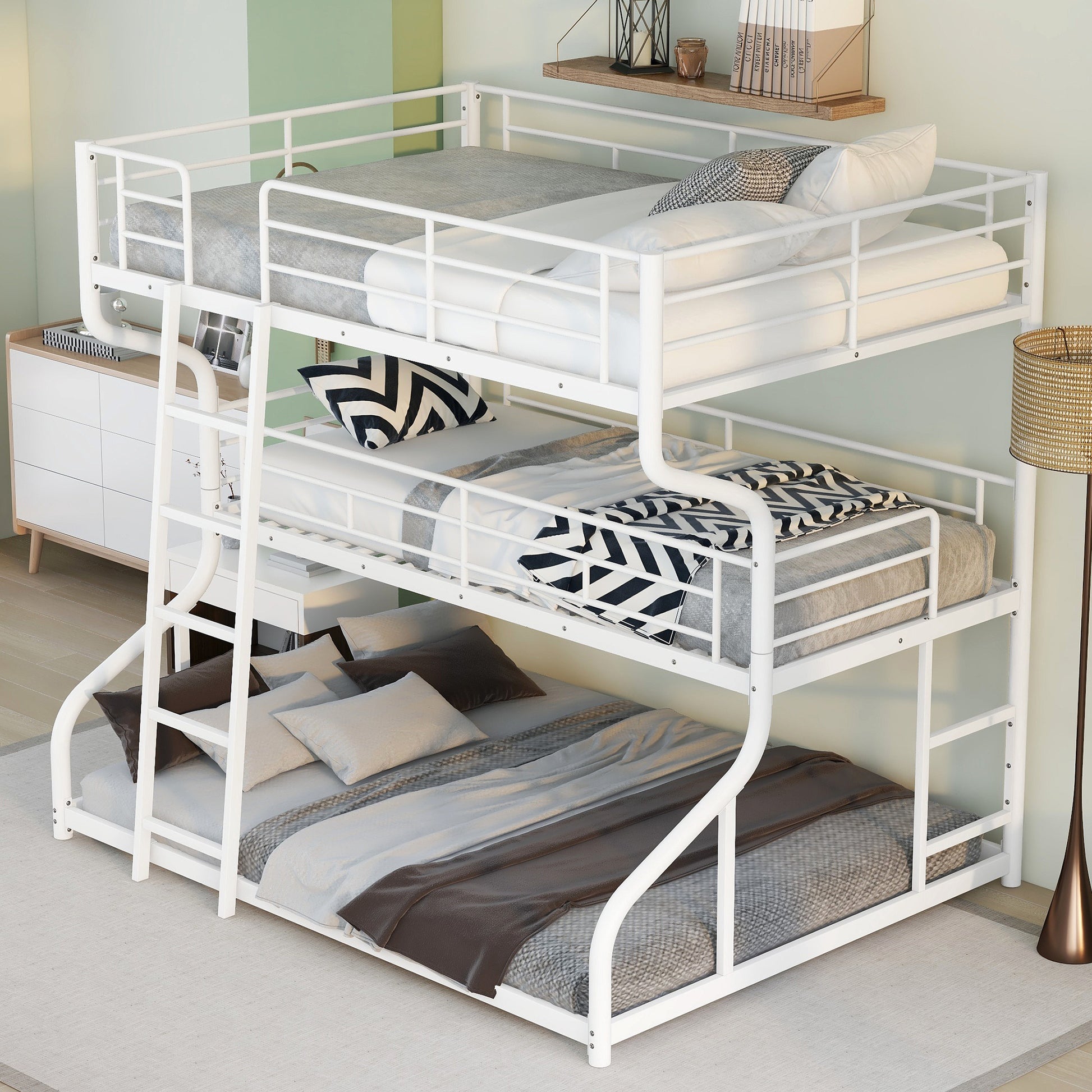 Full XL over Twin XL over Queen Size Triple Bunk Bed with Long and Short Ladder,WhiteTwin over Twin House Bunk Bed with Trundle and Slide, Storage Staircase, Roof and Window Design, Gray(Old  - Aurelia Clothing