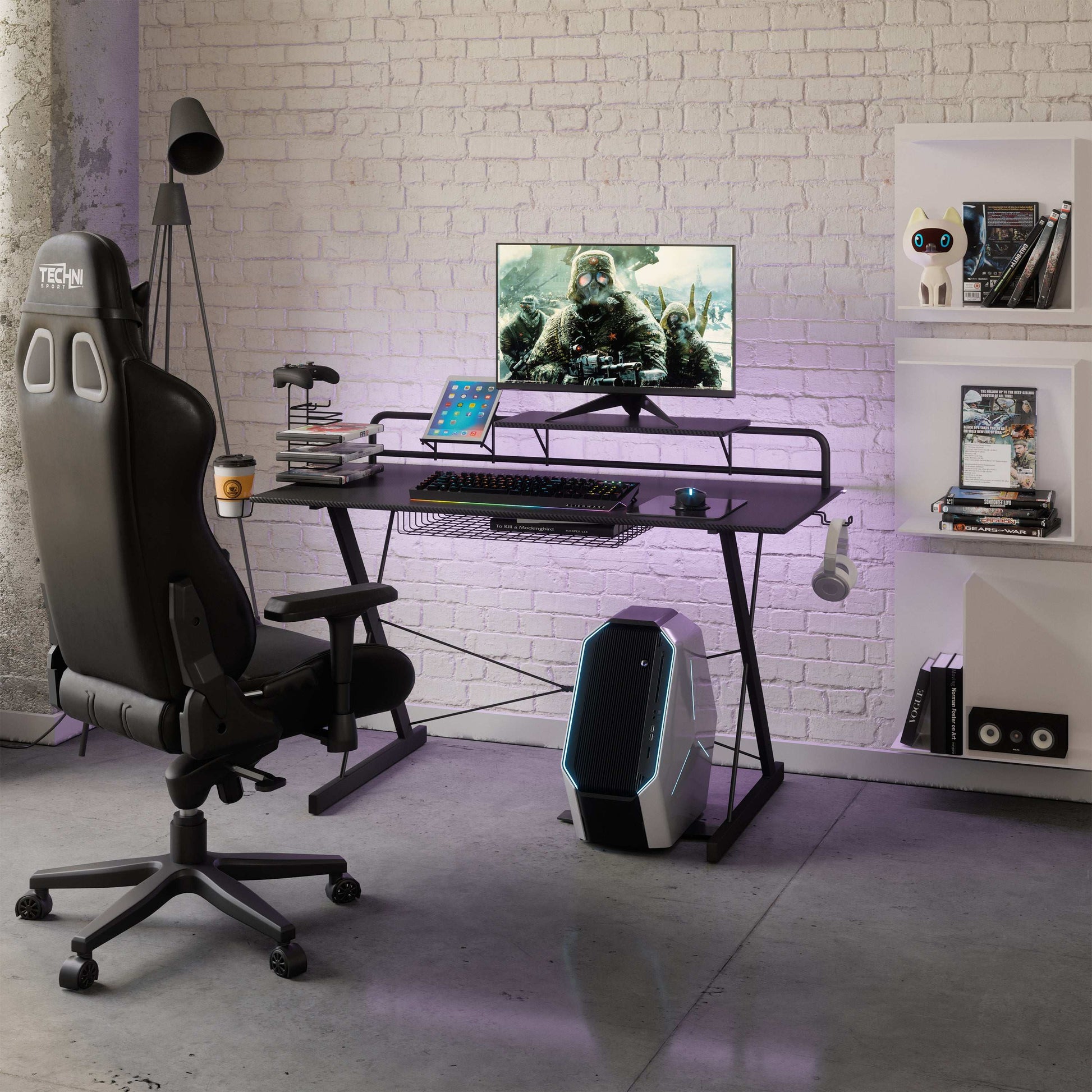 Techni Sport TS-200 Carbon Computer Gaming Desk with Shelving, Black - Free Shipping - Aurelia Clothing