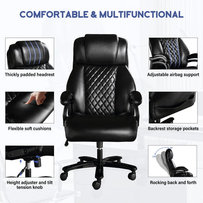 Big and Tall Office Chair, 500lbs High Back Large Executive Chair with Electric Airbag Heating High Back Computer Chair with Wide Seat, Black Ergonomic Leather Rocking Chair - Free Shipping - Aurelia Clothing