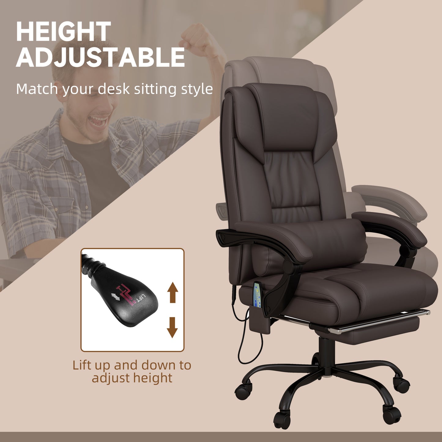 High Back Vibration Massage Office Chair with 6 Points, Hight Adjustable Computer Desk Chair, Reclining Office Chair with Retractable Footrest and Remote, Brown - Free Shipping - Aurelia Clothing