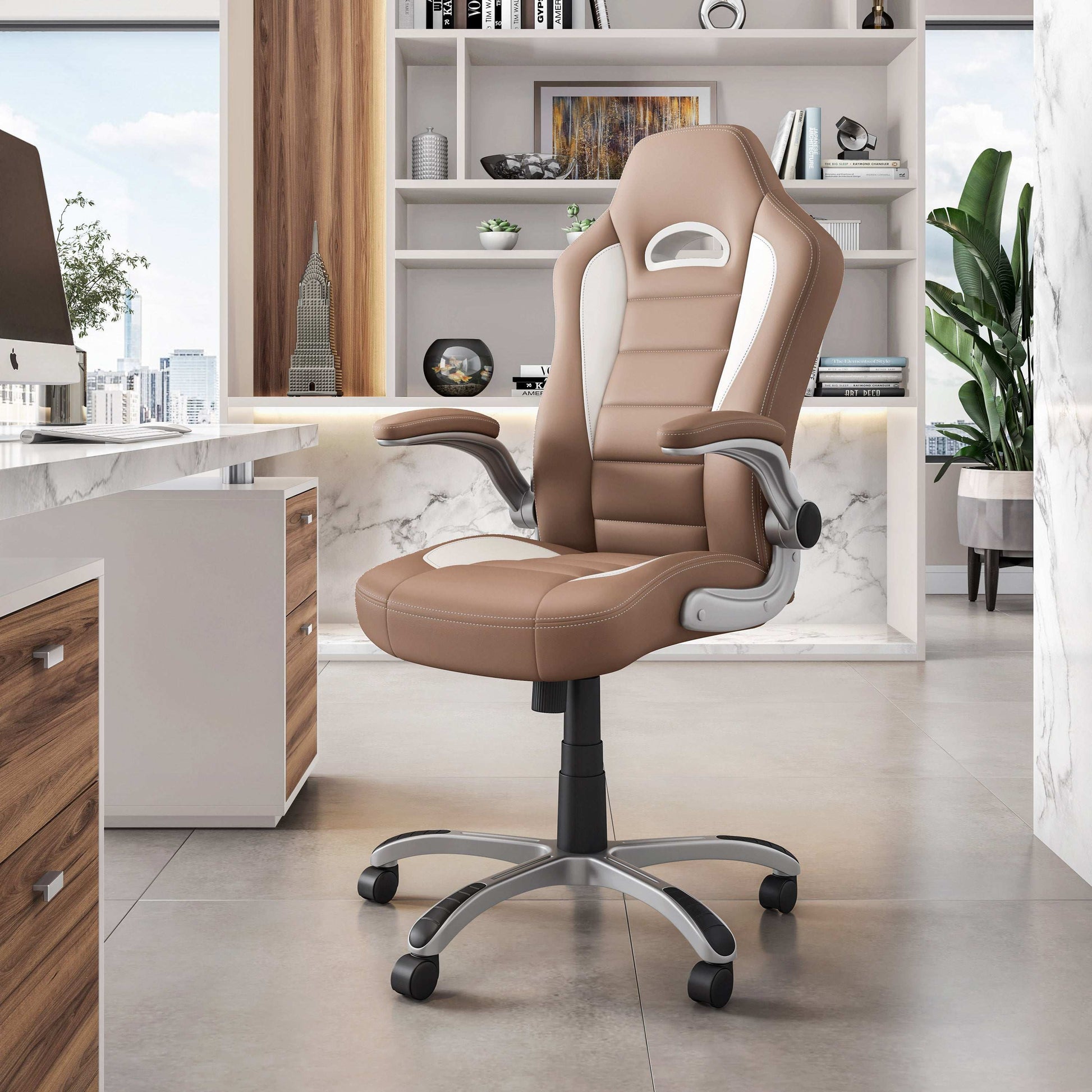 Techni Mobili High Back Executive Sport Race Office Chair with Flip-Up Arms, Camel - Free Sipping - Aurelia Clothing