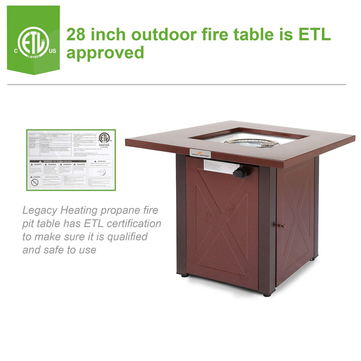 28" 50000 BTU Outdoor Propane Gas Fire Pits Table, Square Brown Texture Outdside Patio Firepits Fireplace Dinning Coffee Tables with Lid & Lava Rock, ETL-Certified, Fit for Courtyard, Patio,  - Aurelia Clothing