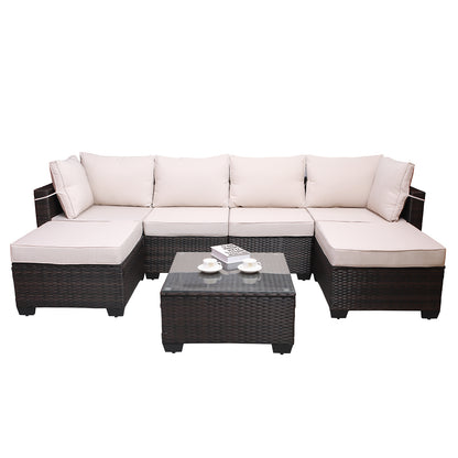 Outdoor Garden Patio Furniture 7-Piece PE Rattan Wicker Cushioned Sofa Sets  and Coffee Table, patio furniture set;outdoor couch;outdoor couch patio furniture;outdoor sofa;patio couch - Free  - Aurelia Clothing