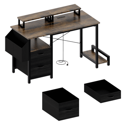 47"office desk with power outlet, 2 Monitor Stands and USB Ports,Gaming Desk with Storage Shelves,2 Fabric Drawers, Large Side Pocket,and hooks for Home Office Study, Rustic Brown - Free Shipping