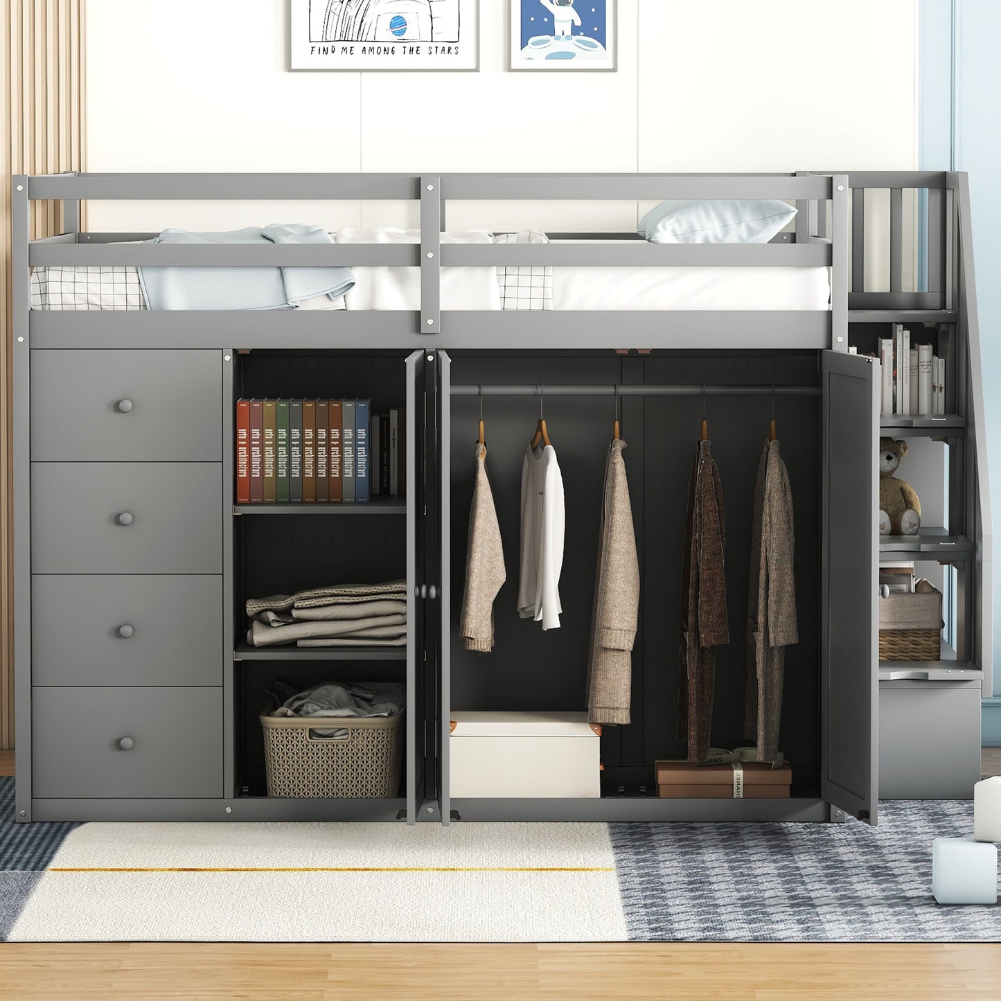 Full Size Wood Loft Bed With Built-in Wardrobes, Cabinets and Drawers, Gray - Free Shipping - Aurelia Clothing