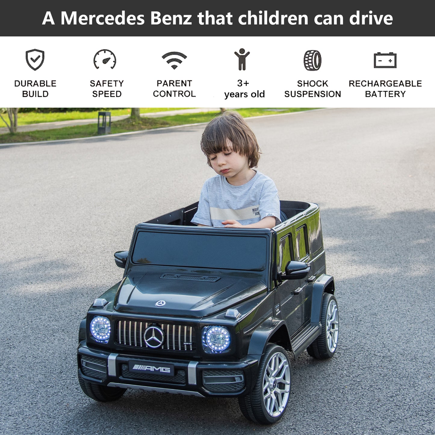 Licensed Mercedes Benz G63 Kids Ride On Car, 12V Electric Vehicle with Remote Control, Double Open Doors, Music, Bluetooth, Wheels Suspension, Battery Powered for Children Boy Girl (Black) -  - Aurelia Clothing