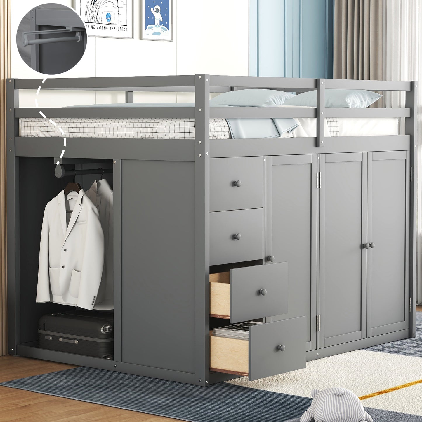 Full Size Wood Loft Bed With Built-in Wardrobes, Cabinets and Drawers, Gray - Free Shipping - Aurelia Clothing