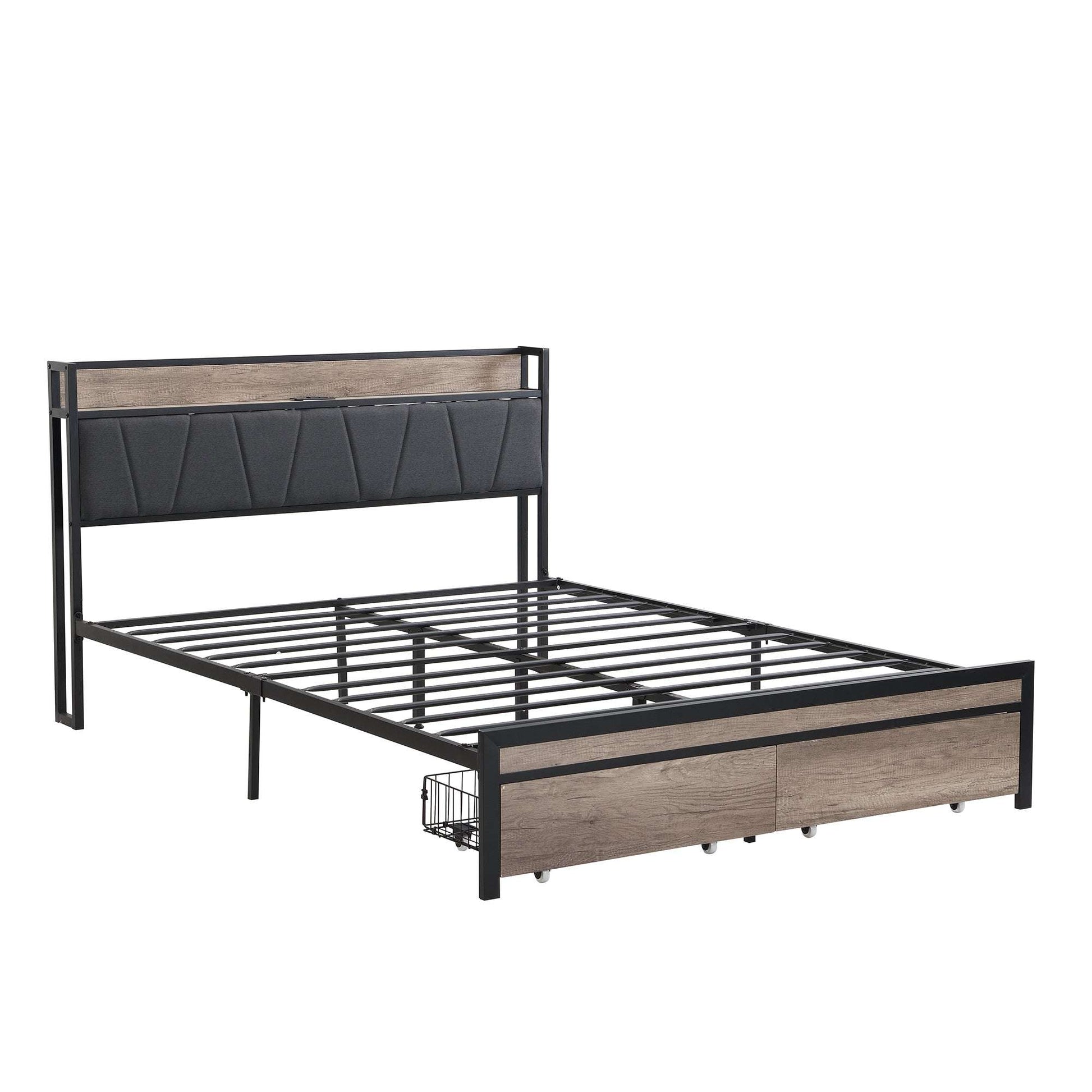 Queen Size  Metal Platform Bed Frame with upholstery storage function Headboard   and USB LINER  and Footboard with drawers , No Box Spring Needed, Large Under Bed Storage, Easy Assemble - Fr - Aurelia Clothing