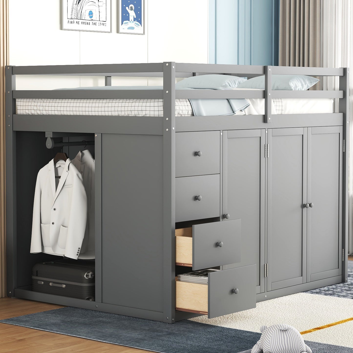 Full Size Wood Loft Bed With Built-in Wardrobes, Cabinets and Drawers, Gray - Free Shipping - Aurelia Clothing