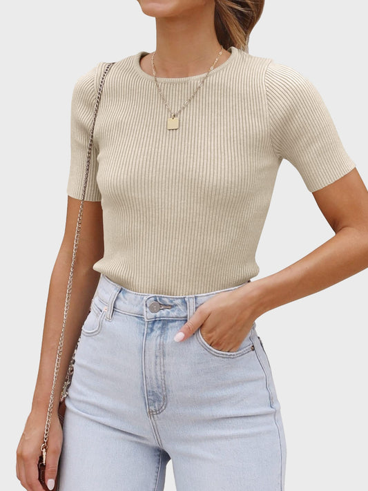 Round Neck Short Sleeve Knit Top - Aurelia Clothing