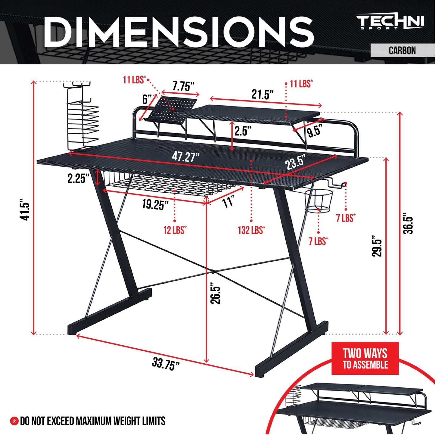 Techni Sport TS-200 Carbon Computer Gaming Desk with Shelving, Black - Free Shipping - Aurelia Clothing