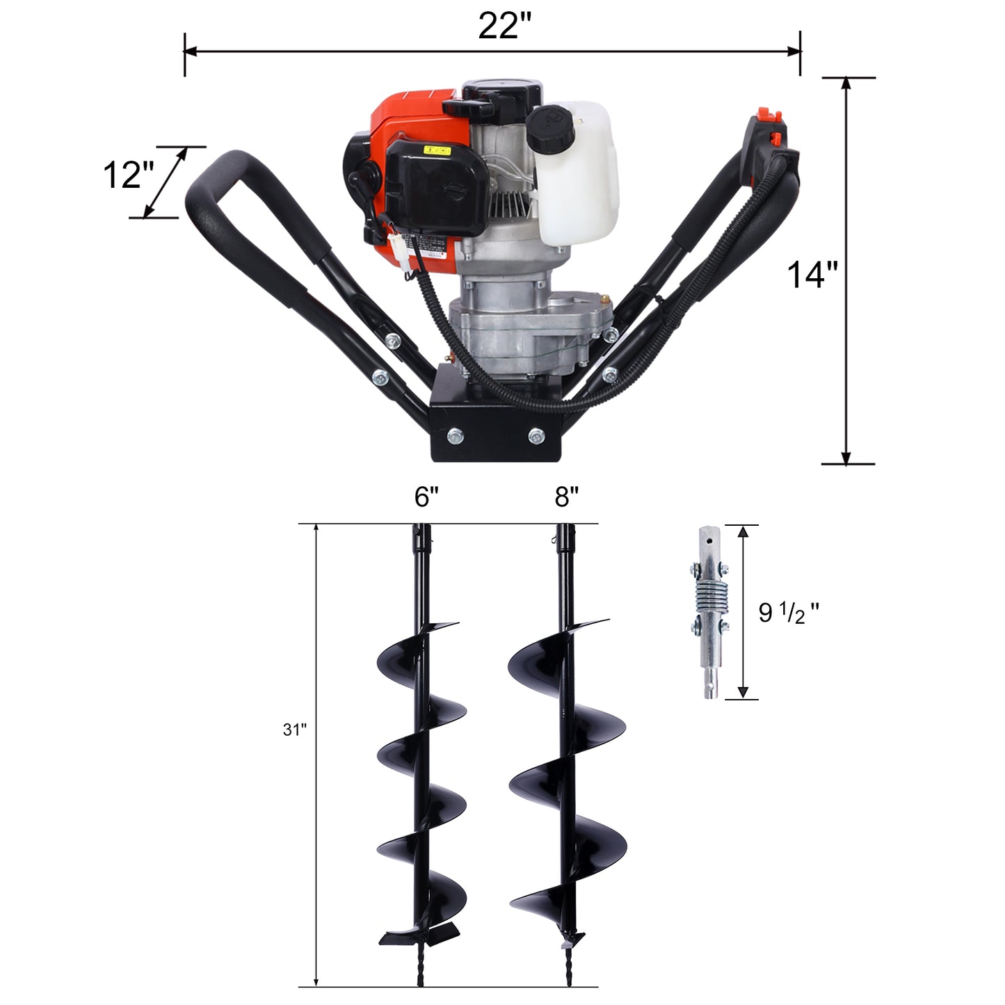 Post Hole Digger, 43cc  Post Hole Digger, Gas Powered Earth Digger with 6&8" and absorber,Earth Auger Drill Bit, 30 inch Long Alloy Steel Auger, for Farmland, Garden and Plant, EPA Certificat - Aurelia Clothing