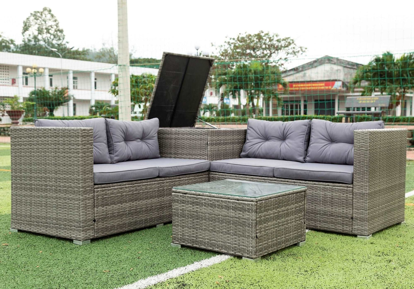 4 Piece Patio Sectional Wicker Rattan Outdoor Furniture Sofa Set with Storage Box Grey - Free Shipping - Aurelia Clothing