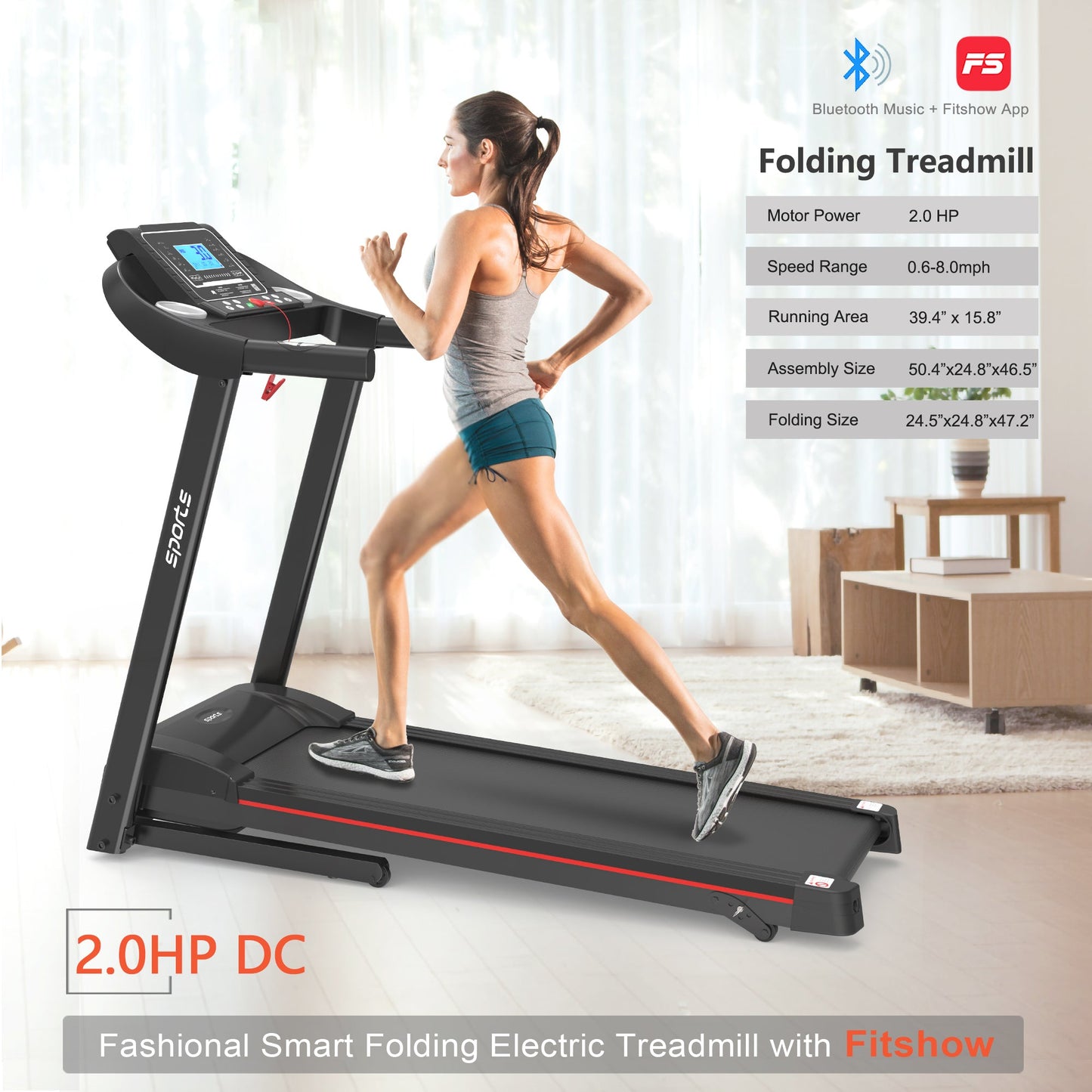 Fitshow App Home Foldable Treadmill with Incline, Folding Treadmill for Home Workout, Electric Walking Running Treadmill Machine 5" LCD Screen 250 LB Capacity Bluetooth Music - Free Shipping - Aurelia Clothing