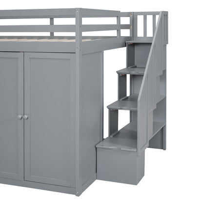 Full Size Wood Loft Bed With Built-in Wardrobes, Cabinets and Drawers, Gray - Free Shipping - Aurelia Clothing