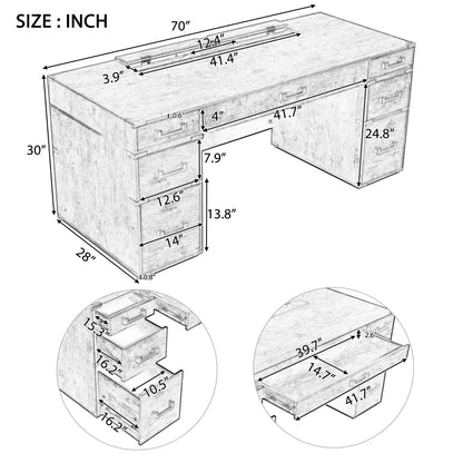 70"Classic and Traditional Executive Desk with Metal Edge Trim ,Writing Desk with 2 file drawers,USB Ports and Outlets,Desk with Hidden Compartment for Living Room,Home Office,Study Room,Brow - Aurelia Clothing
