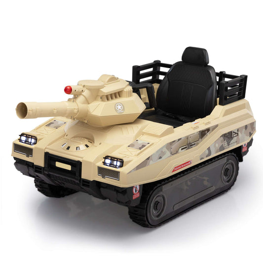 Ride On Tank 24V Thunder Tank Car with Fighting Cannon and Rotating Turret, Remote Control, Lights, Music, Military Battery Powered Truck Toy Gift for Boys Girls, 3-8 Years Old, Desert Yellow - Free Shipping