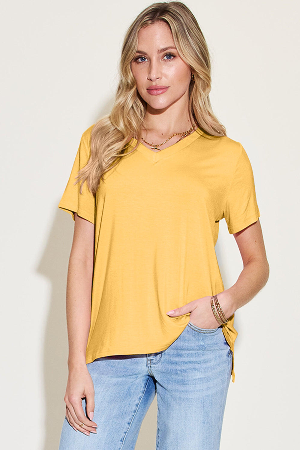 Basic Bae Bamboo Full Size V-Neck High-Low T-Shirt - Free Shipping - Aurelia Clothing