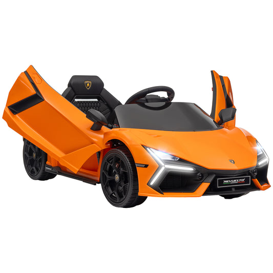 Qaba Lamborghini Revuelto Licensed 12V Kids Electric Car, Battery Powered Ride on Car with Hydraulic Doors, Remote Control, Transport Wheels, Spring Suspension, Music, Lights, 3 Speeds, Orange - Free Shipping