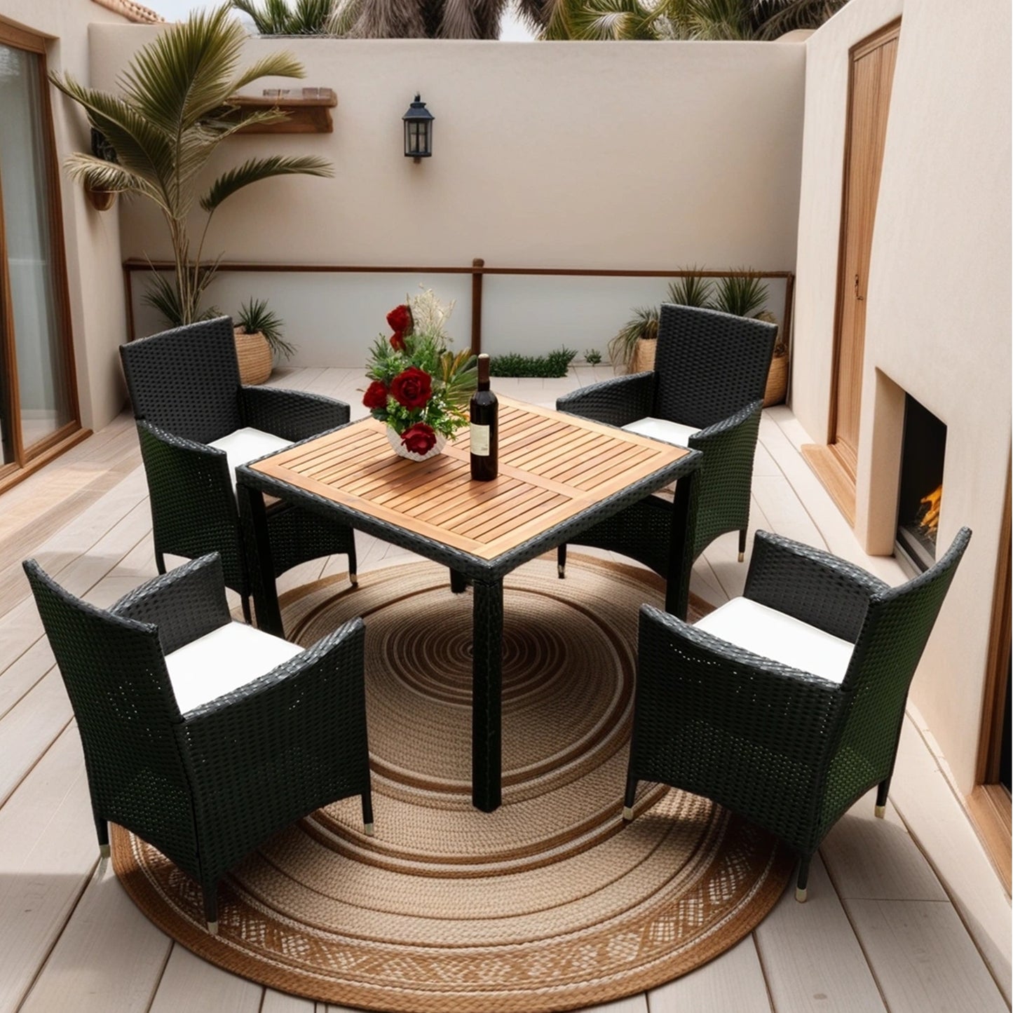 EELIFEE 5 piece Outdoor Patio Wicker Dining Set Patio Wicker Furniture Dining Set w/Acacia Wood Top Black Wicker + Creme Cushion - Free Shipping - Aurelia Clothing