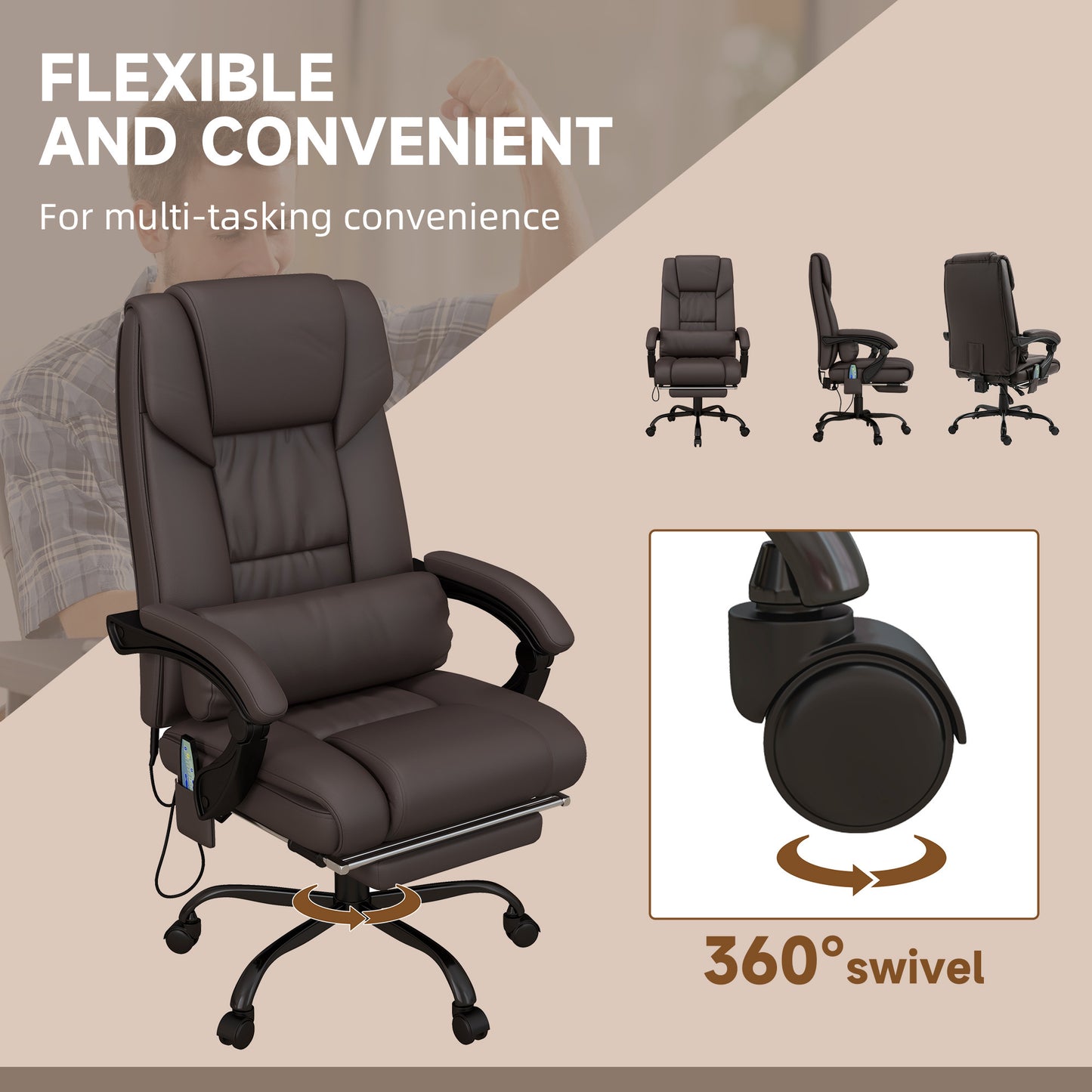 High Back Vibration Massage Office Chair with 6 Points, Hight Adjustable Computer Desk Chair, Reclining Office Chair with Retractable Footrest and Remote, Brown - Free Shipping - Aurelia Clothing