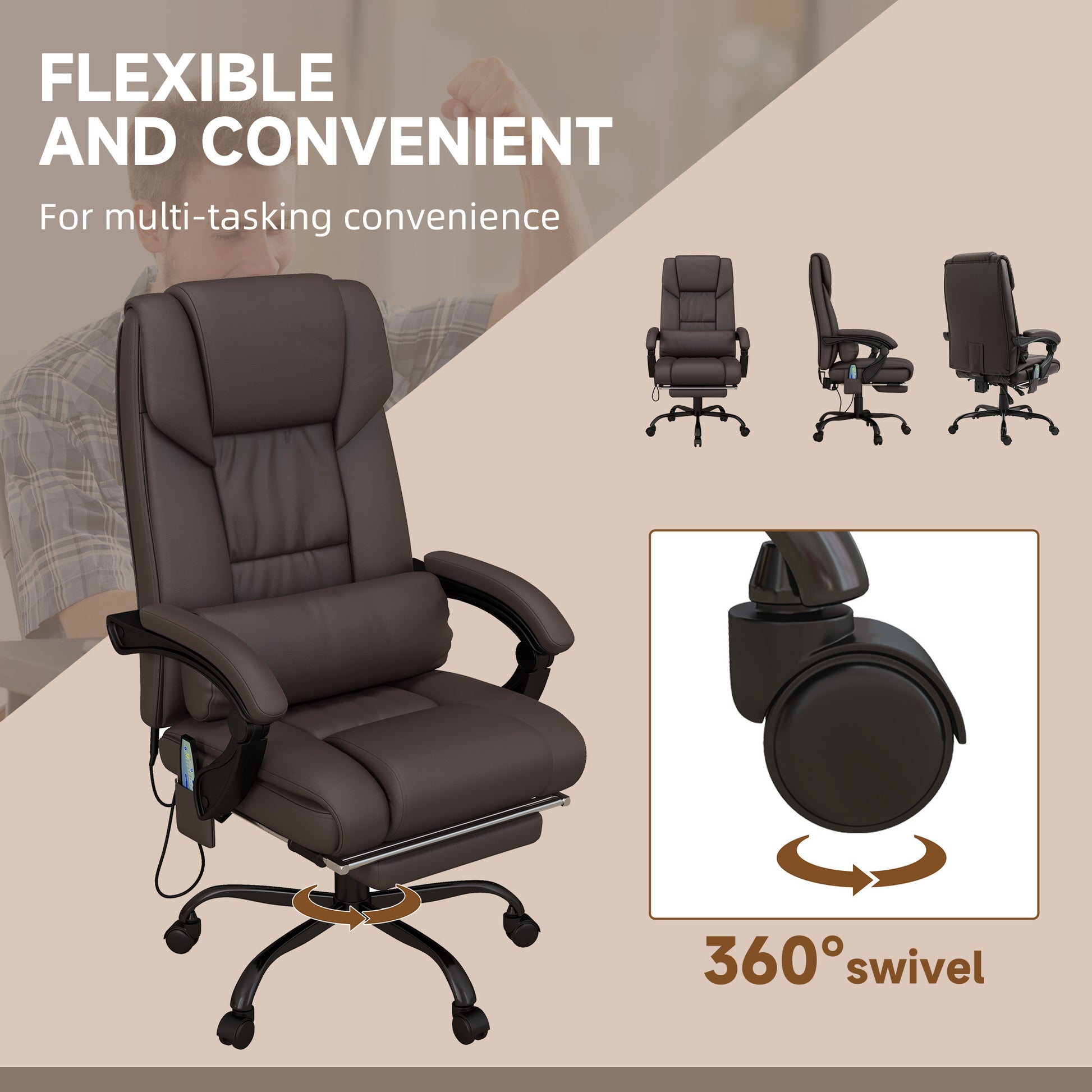 High Back Vibration Massage Office Chair with 6 Points, Hight Adjustable Computer Desk Chair, Reclining Office Chair with Retractable Footrest and Remote, Brown - Free Shipping - Aurelia Clothing