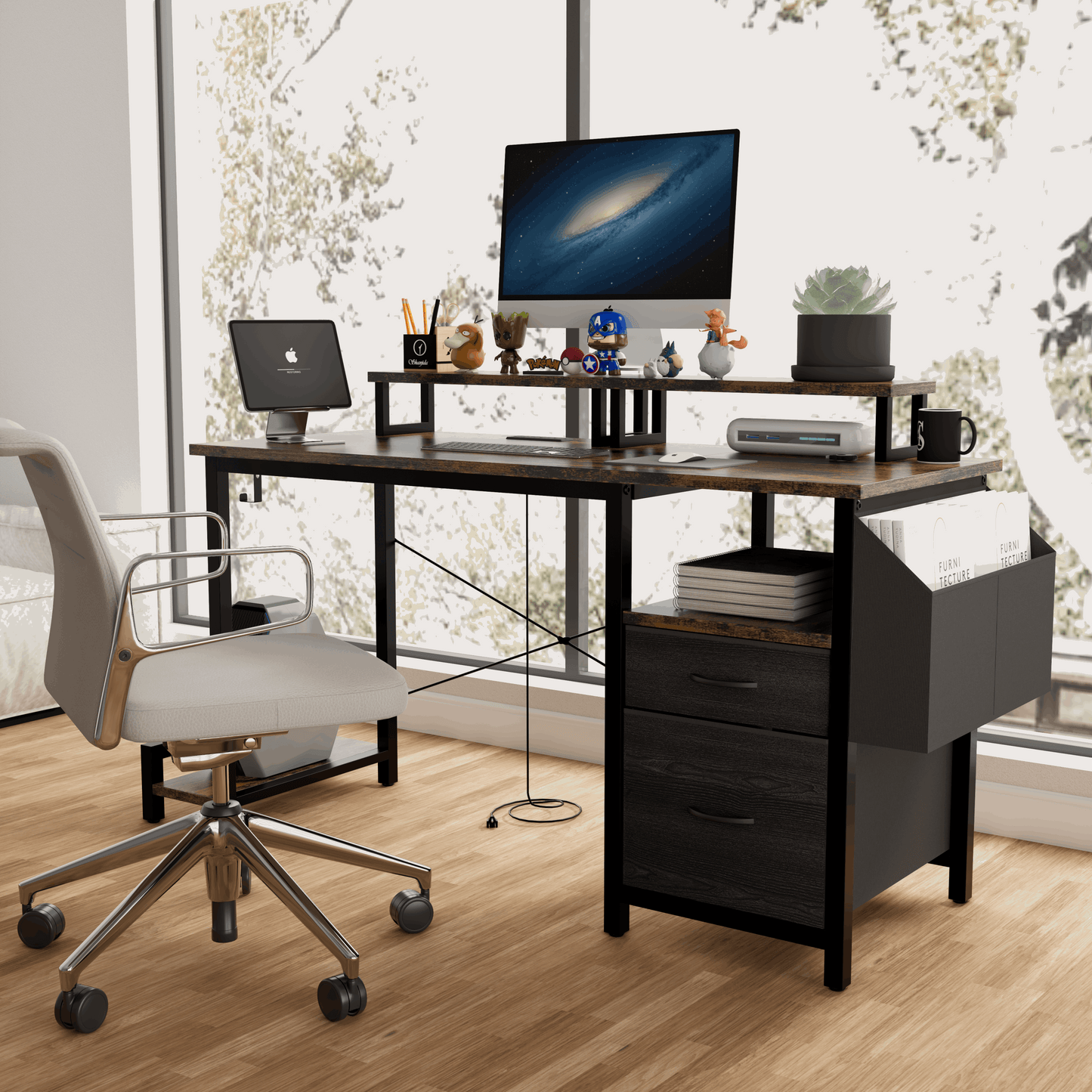 47"office desk with power outlet, 2 Monitor Stands and USB Ports,Gaming Desk with Storage Shelves,2 Fabric Drawers, Large Side Pocket,and hooks for Home Office Study, Rustic Brown - Free Shipping