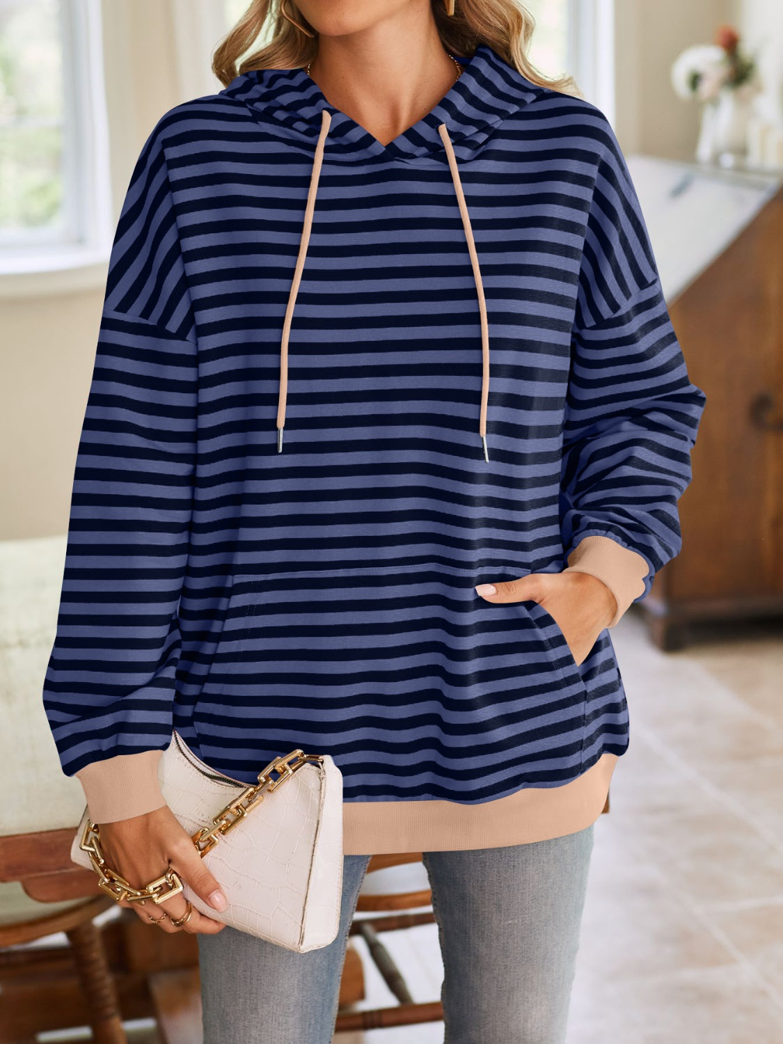 Lovelet Drawstring Striped Long Sleeve Hoodie - Aurelia Clothing