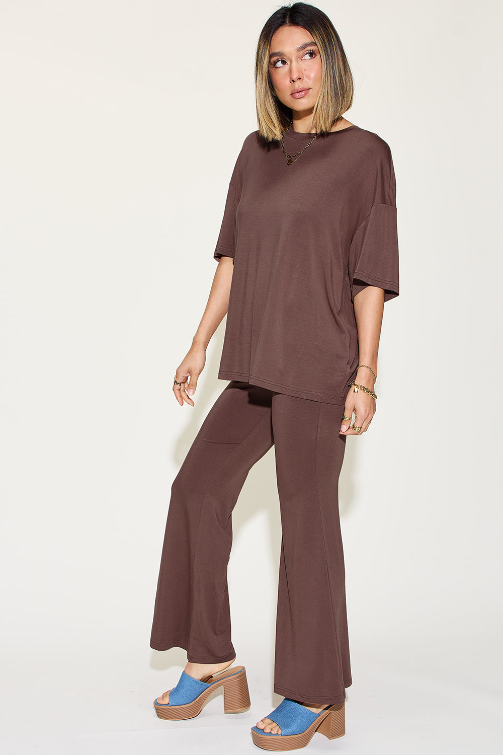 Basic Bae Full Size Bamboo Drop Shoulder T-Shirt and Flare Pants Set - Free Shipping - Aurelia Clothing