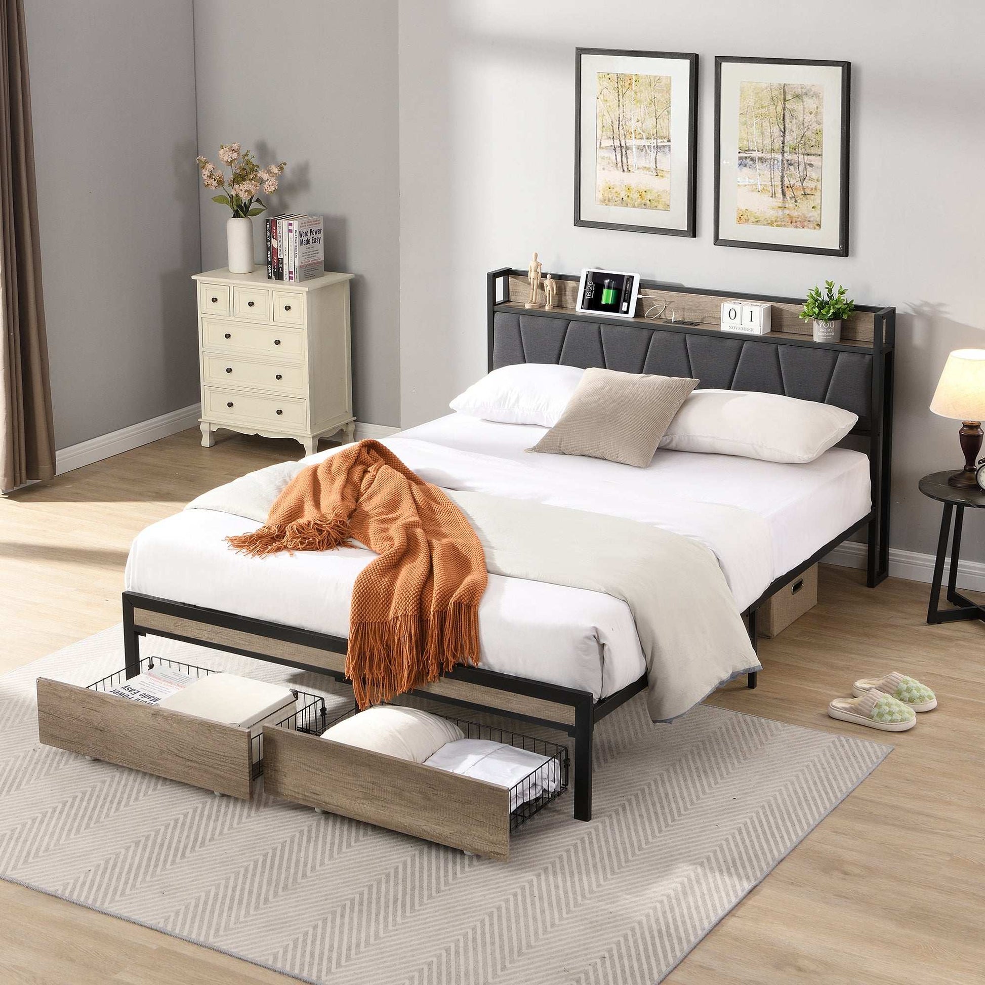 Queen Size  Metal Platform Bed Frame with upholstery storage function Headboard   and USB LINER  and Footboard with drawers , No Box Spring Needed, Large Under Bed Storage, Easy Assemble - Fr - Aurelia Clothing