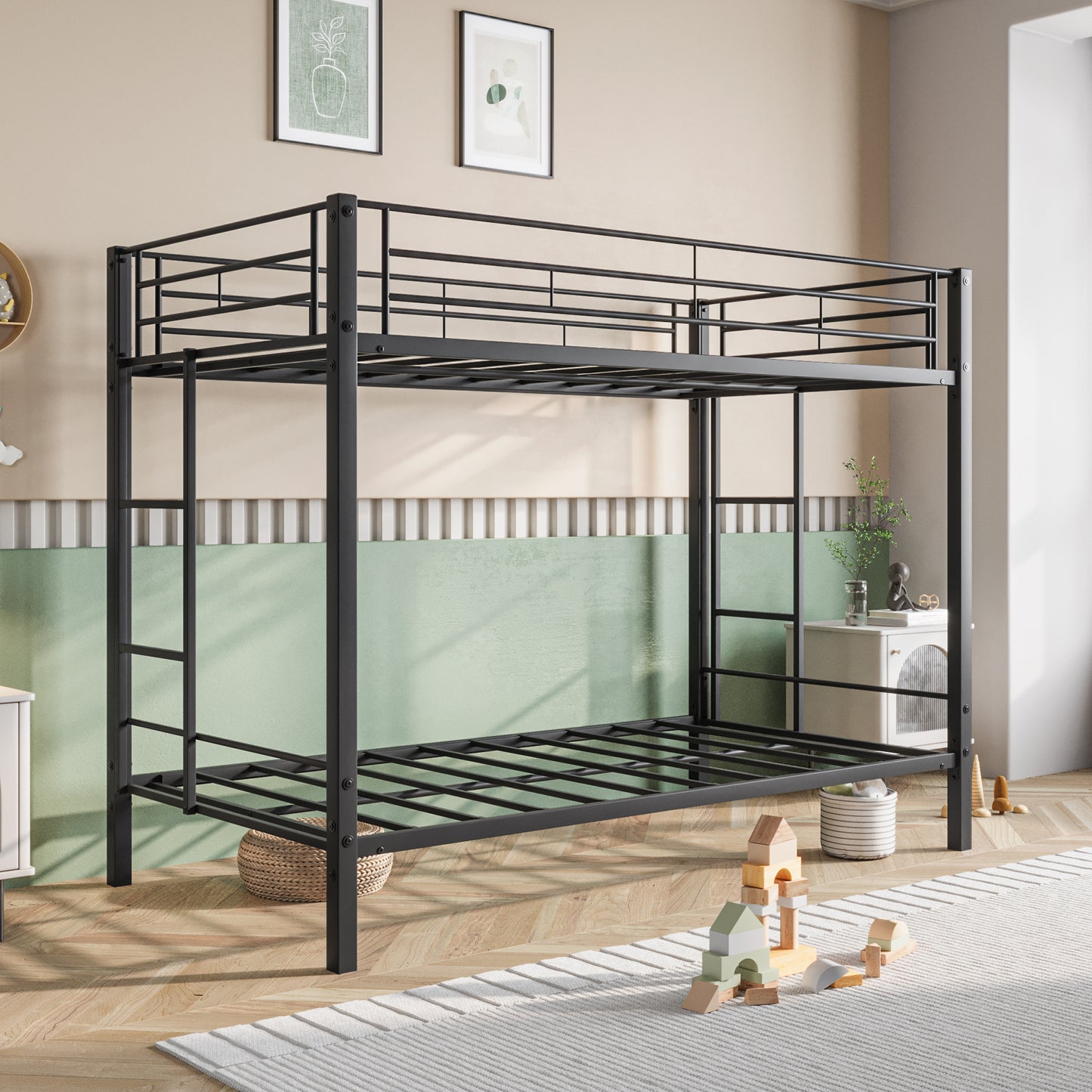 Metal Bunk Bed Twin Over Twin, Heavy Duty Twin Bunk Beds with shelf and Slatted Support No Box Spring Needed Black - Free Shipping - Aurelia Clothing