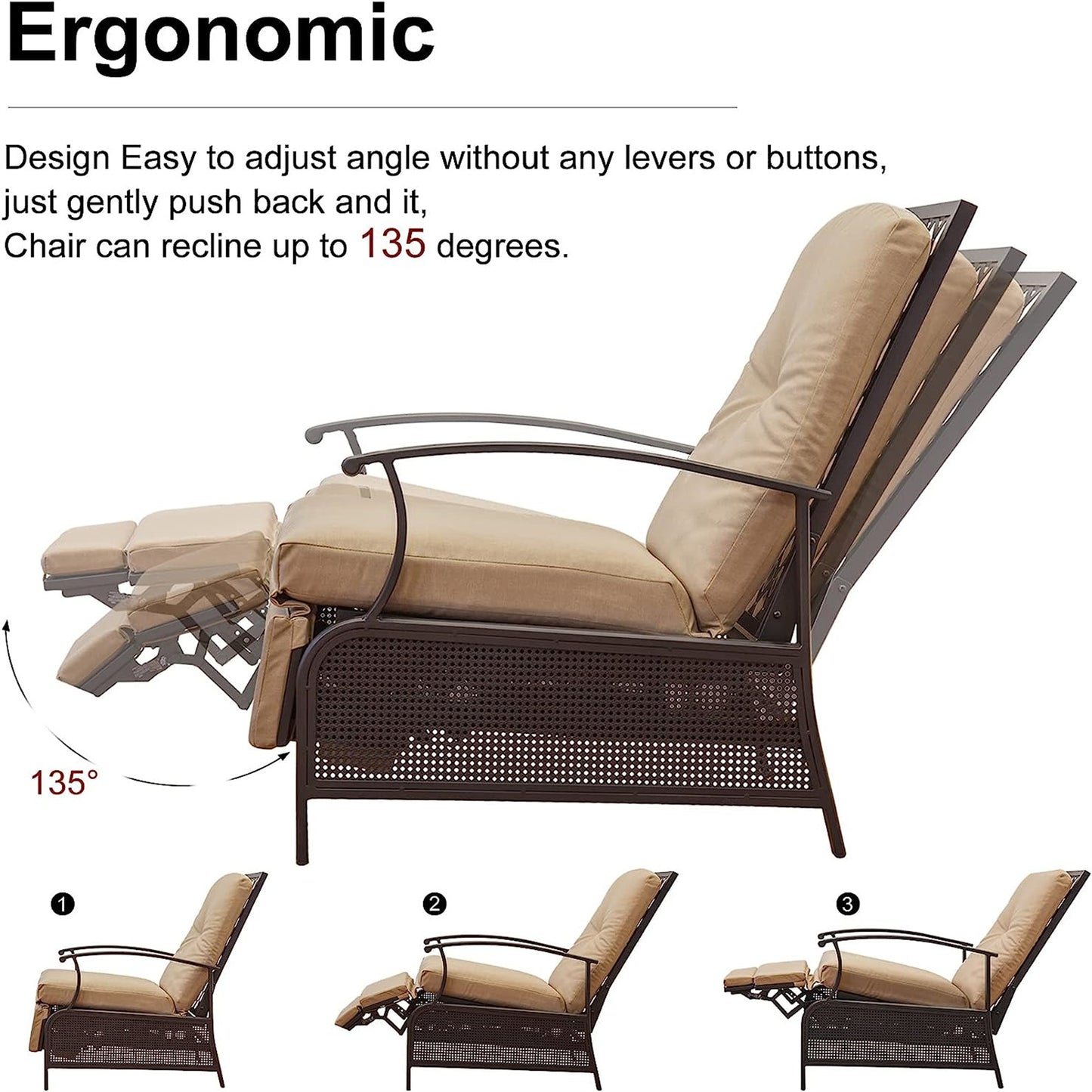 Patio Recliner Chair with Cushions,Outdoor Adjustable Lounge Chair,Reclining Patio Chairs with Strong Extendable Metal Frame for Reading,Garden,Lawn (Khaki, 1 Chair) - Free Shipping - Aurelia Clothing