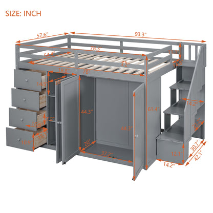 Full Size Wood Loft Bed With Built-in Wardrobes, Cabinets and Drawers, Gray - Free Shipping - Aurelia Clothing