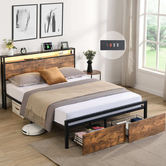 Queen Size Bed Frame with Storage Headboard and 2 Drawers, LED Lights Bed with Charging Station, Metal Platform Bed No Noise, Mattress Foundation Strong Metal Slats Support No Box Spring Need - Aurelia Clothing