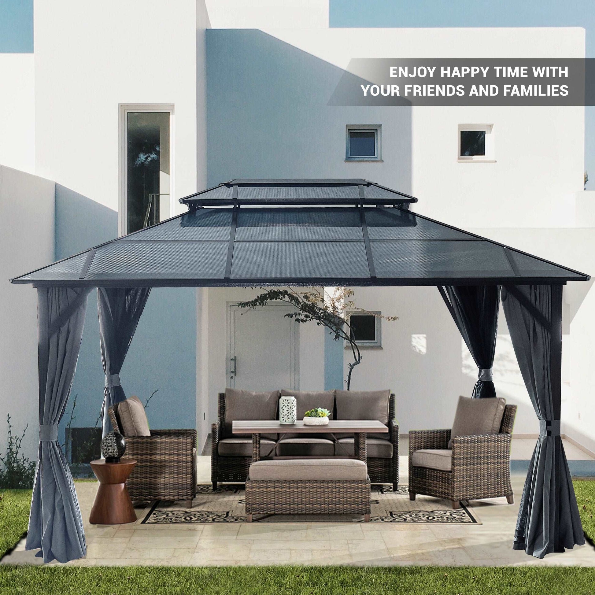 10'x13' Hardtop Gazebo, Outdoor Polycarbonate Double Roof Canopy, Aluminum Frame Permanent Pavilion with Curtains and Netting, Sunshade for Garden, Patio, Lawns - Free Shipping - Aurelia Clothing