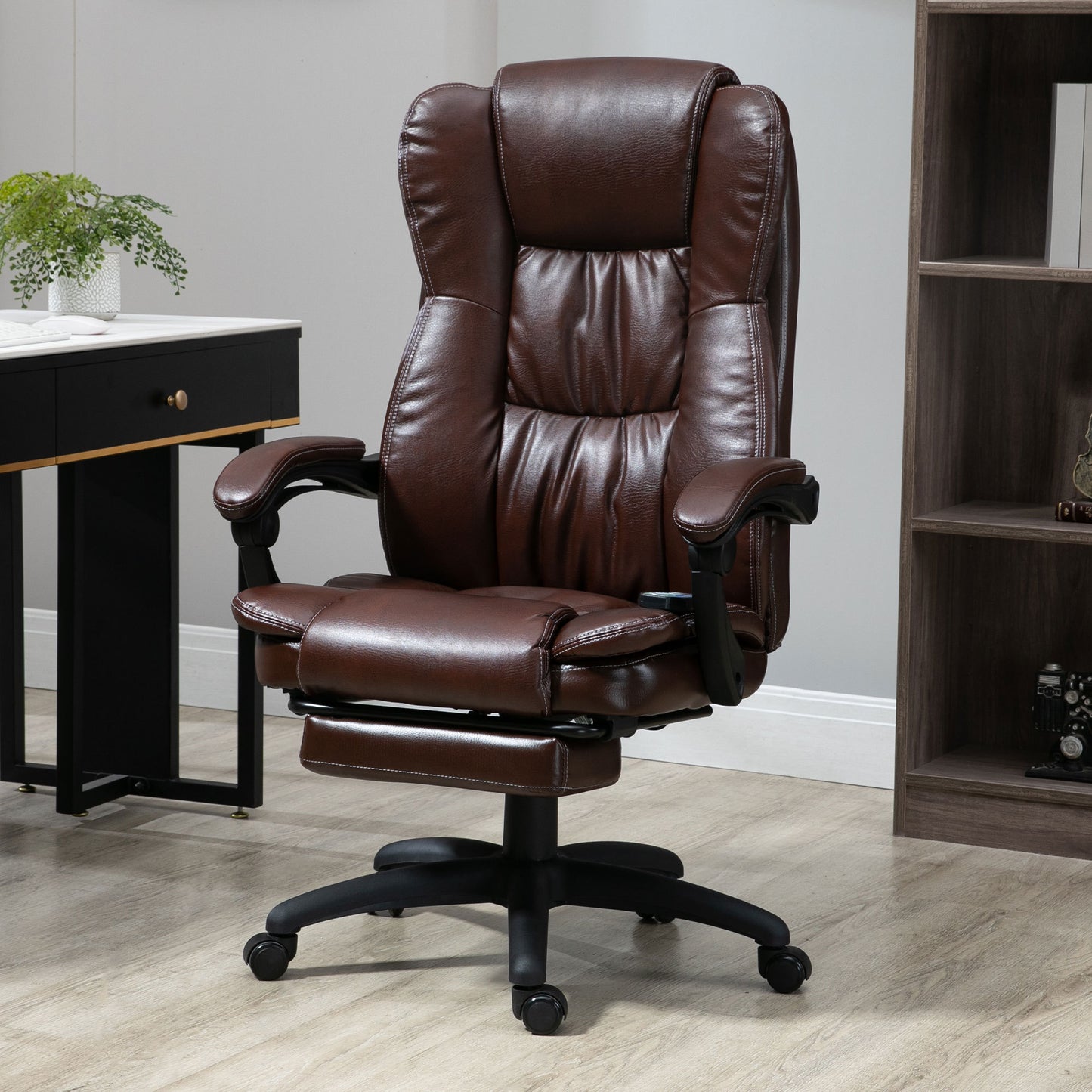 High Back Massage Office Chair with 6-Point Vibration, 5 Modes, Executive Chair, PU Leather Swivel Chair with Reclining Back, and Retractable Footrest, Brown - Free Shipping - Aurelia Clothing