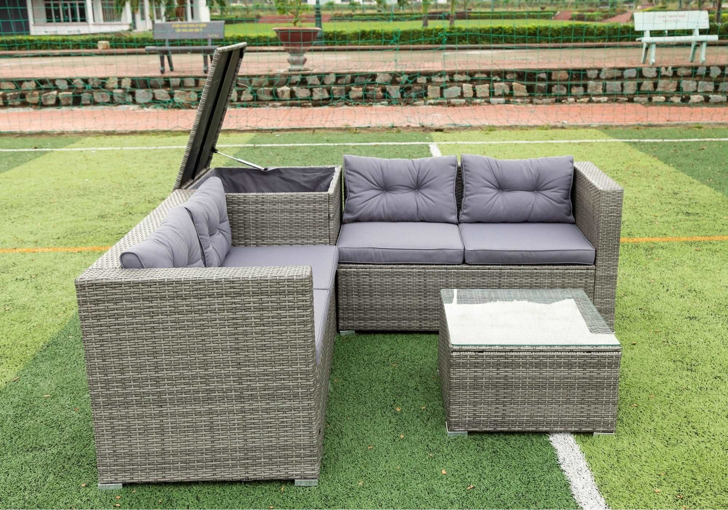 4 Piece Patio Sectional Wicker Rattan Outdoor Furniture Sofa Set with Storage Box Grey - Free Shipping - Aurelia Clothing