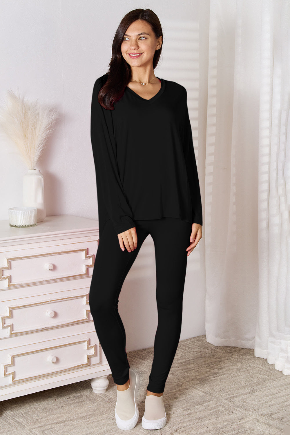 Basic Bae Bamboo Full Size V-Neck Long Sleeve Top and Pants Lounge Set - Free Shipping - Aurelia Clothing