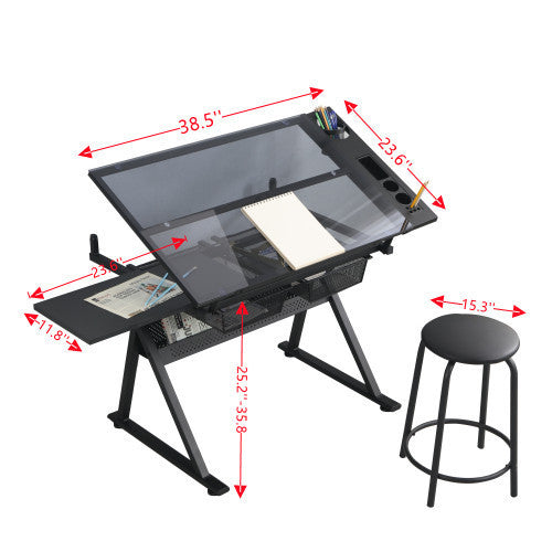 black adjustable tempered glass drafting printing table with chair - Free Shipping - Aurelia Clothing