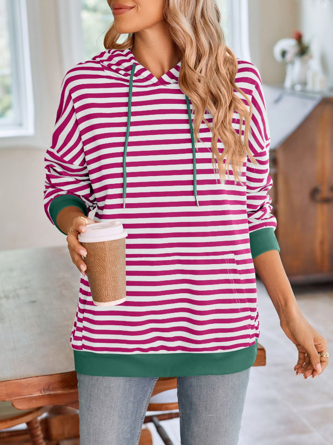 Lovelet Drawstring Striped Long Sleeve Hoodie - Aurelia Clothing