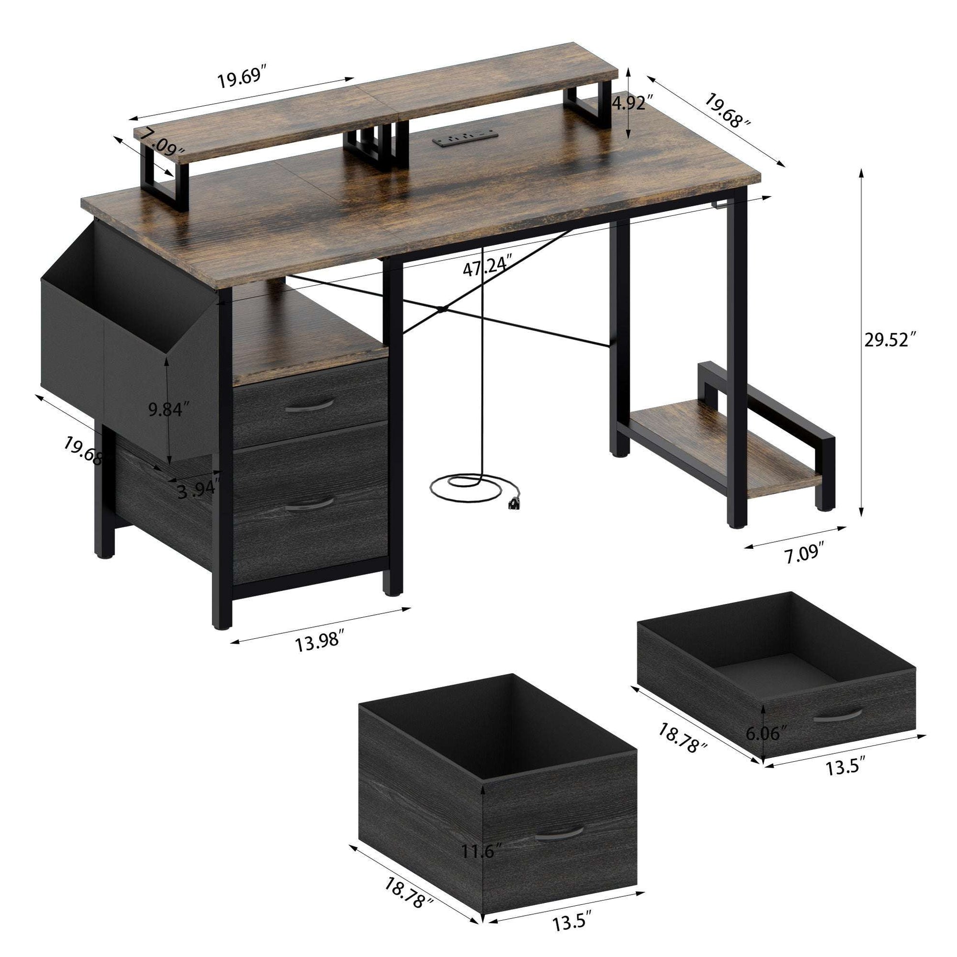 47"office desk with power outlet, 2 Monitor Stands and USB Ports,Gaming Desk with Storage Shelves,2 Fabric Drawers, Large Side Pocket,and hooks for Home Office Study, Rustic Brown - Free Shipping