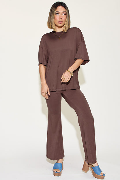 Basic Bae Full Size Bamboo Drop Shoulder T-Shirt and Flare Pants Set - Free Shipping - Aurelia Clothing