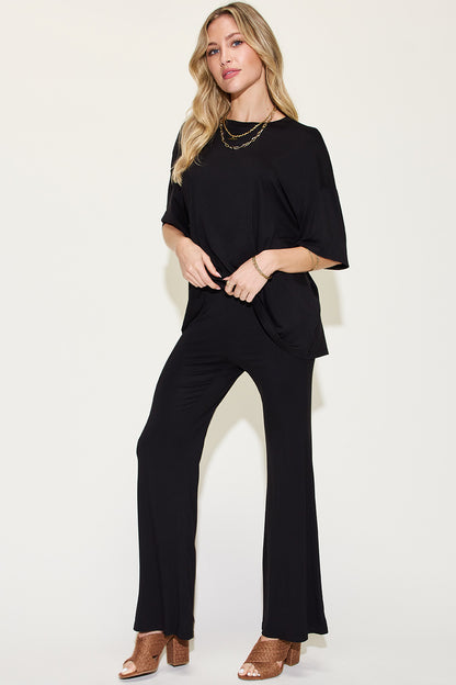 Basic Bae Full Size Bamboo Drop Shoulder T-Shirt and Flare Pants Set - Free Shipping - Aurelia Clothing