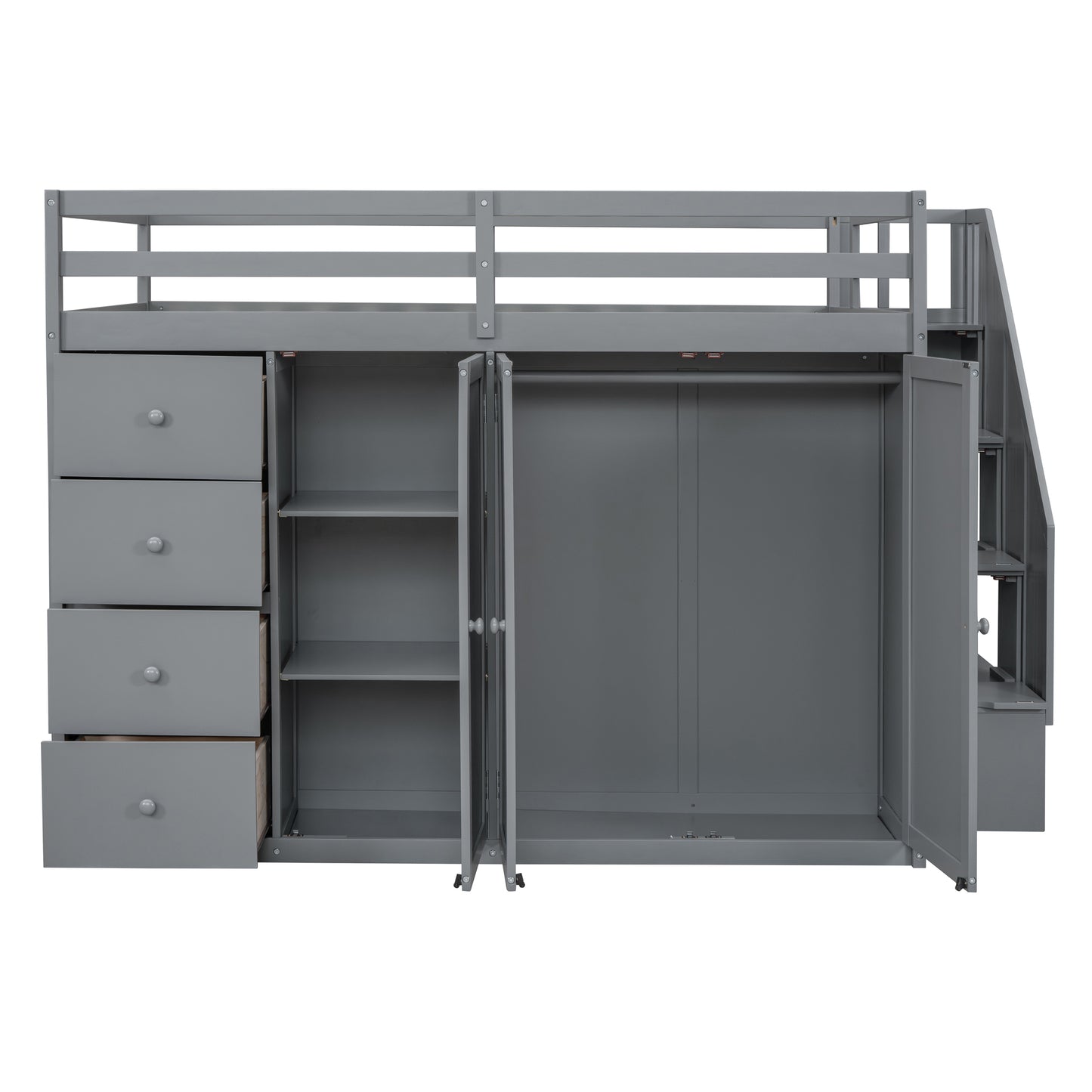 Full Size Wood Loft Bed With Built-in Wardrobes, Cabinets and Drawers, Gray - Free Shipping - Aurelia Clothing