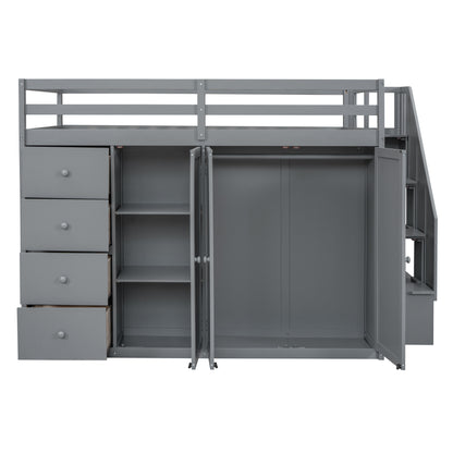 Full Size Wood Loft Bed With Built-in Wardrobes, Cabinets and Drawers, Gray - Free Shipping - Aurelia Clothing