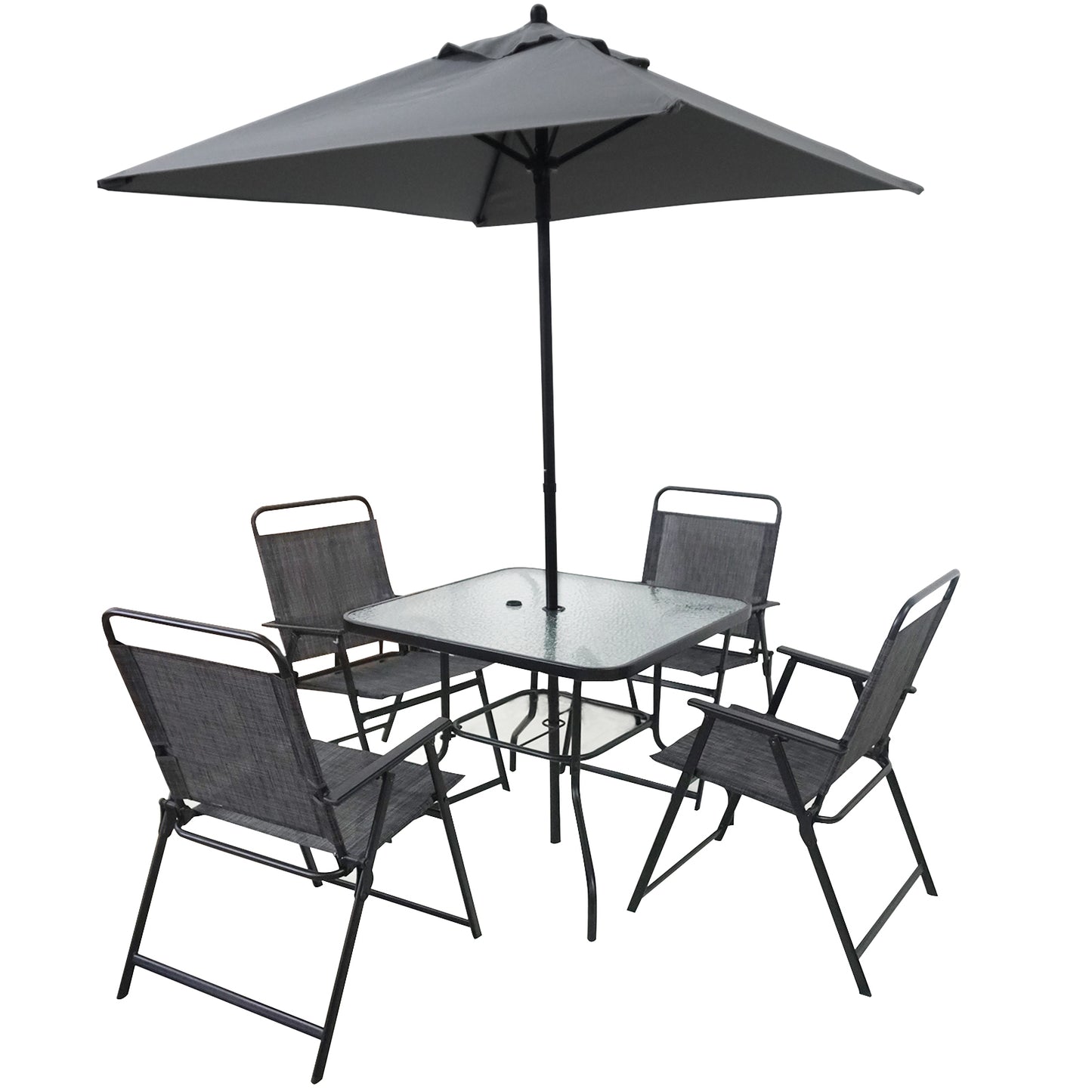 Outdoor Patio Dining Set for 4 People, Metal Patio Furniture Table and Chair Set with Umbrella, Black - Free Shipping - Aurelia Clothing