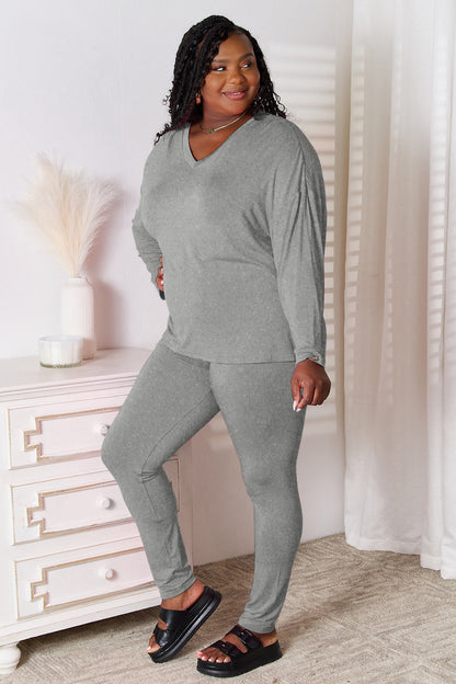 Basic Bae Bamboo Full Size V-Neck Long Sleeve Top and Pants Lounge Set - Free Shipping - Aurelia Clothing