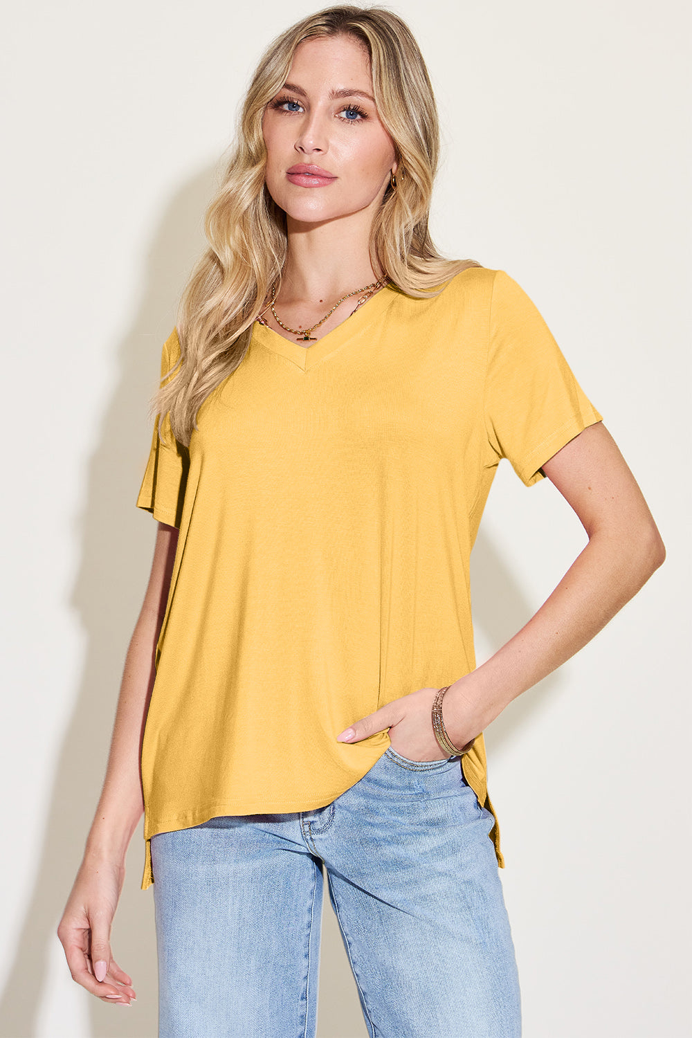 Basic Bae Bamboo Full Size V-Neck High-Low T-Shirt - Free Shipping - Aurelia Clothing